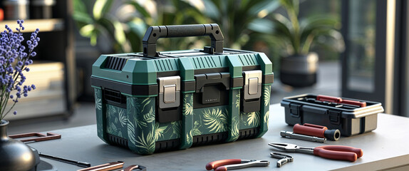 Modern green toolbox with tropical leaf design and tools on a work surface