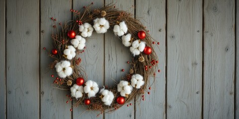 Festive Wooden Wreath on Grey-Blue Wall