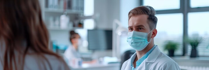 Male doctor wearing a mask consulting with a patient in a modern clinic. Emphasizing medical safety and professional healthcare services.