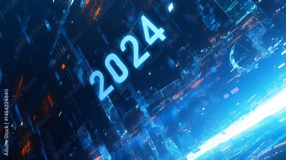 Poster 青い数字2024の未来的なデジタル背景と明るい光のデザイン