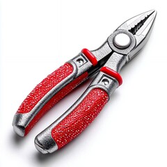 Obraz premium Red and silver needle nose pliers with textured rubber grips, isolated on a white background. The image is well lit, showcasing the tool's detail.
