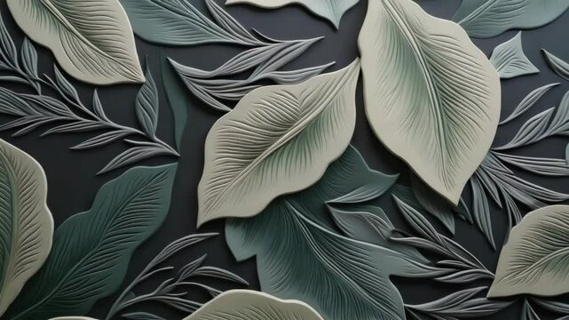 A close-up view of intricate, textured leaves in varying shades of green on a dark background.