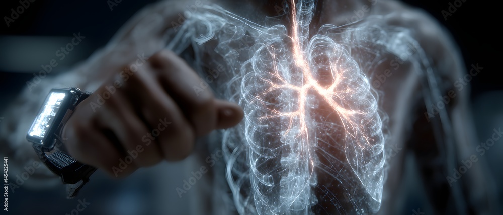Poster biomedical engineer adjusting wearable tech device in clinical environment with advanced imaging tec