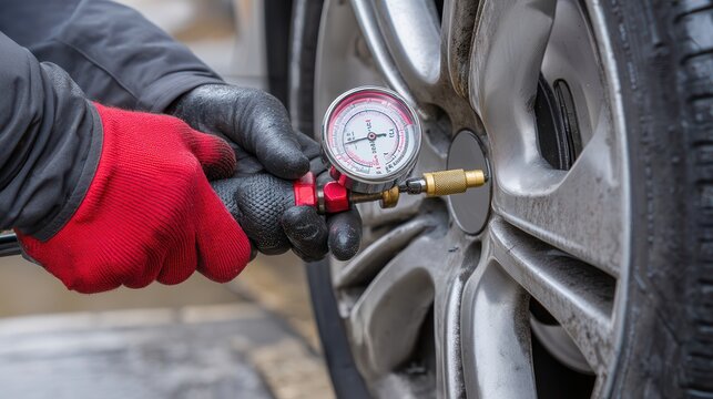 Mechanic checking tires air pressure Checking tire pressure with a gauge on a car wheel.