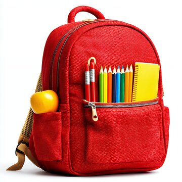 Red backpack with school supplies, including colored pencils, notepad, and an apple. The backpack is shown against a white background.  The image is bright and cheerful.