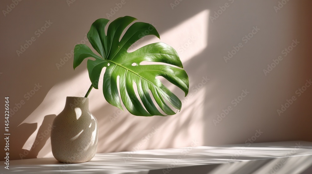 Leinwandbilder a green tropical palm leaf stands still in a minimalist vase, casting soft shadows on a light surfac