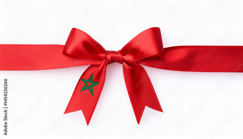 Poster A shiny red ribbon with a bow, adorned with a green star, is isolated on a white background, perfect for adding a festive touch to any design.