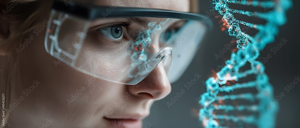 Poster researcher visualizing genetic sequences with ar headset in modern lab environment close-up view of 