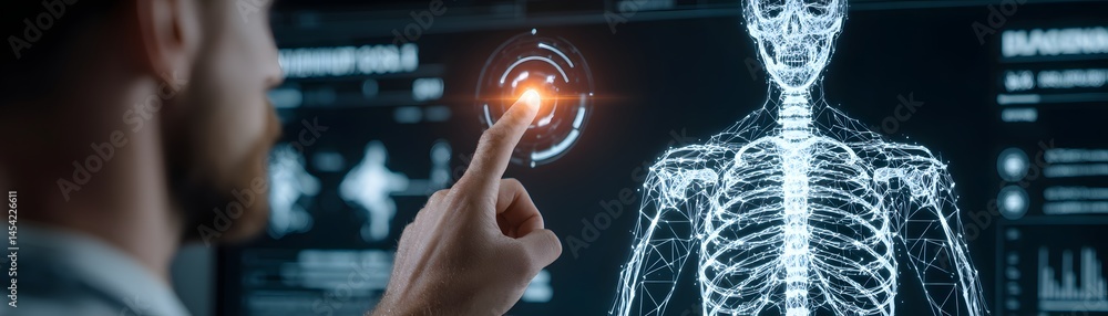 Poster young researcher utilizing touchless interface to rotate 3d anatomy model in modern lab environment