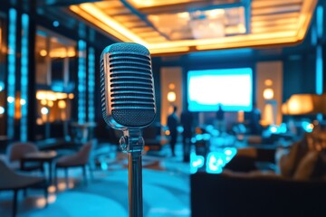 Retro microphone in a brightly lit conference hall