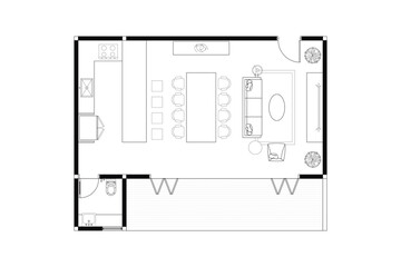 Open Plan Living Space Floor Plan with Kitchen, Dining, and Living Areas. 4