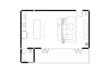 Open Plan Living Space Floor Plan with Kitchen, Dining, and Living Areas. 3