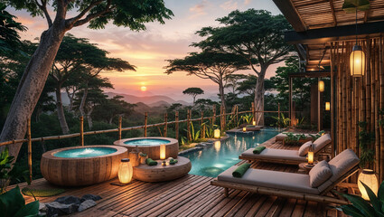 Obraz premium Luxurious tropical resort spa at sunset with infinity pool and serene mountain views