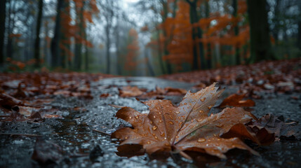 Autumnal forest path rain covered leaf nature photography