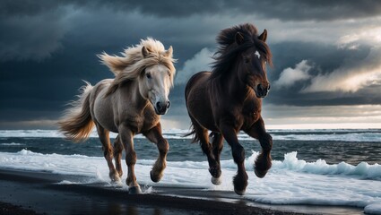 Obraz premium Two beautiful wild horses with thick, flowing manes — one light-colored, one dark-colored — are galloping along the shores of the icy Northern Sea.