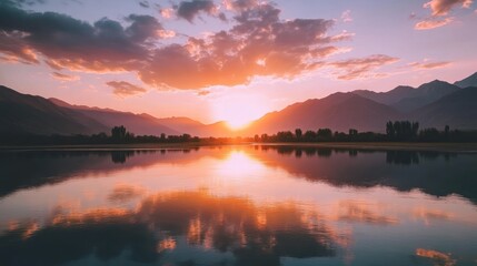 Fototapeta premium Serene sunset over a tranquil lake reflecting mountains