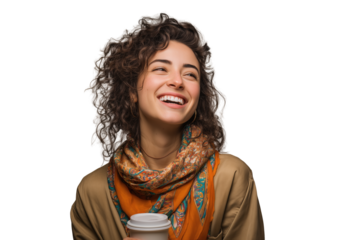 Happy woman with curly hair and colorful scarf holding a cup PNG with a transparent background