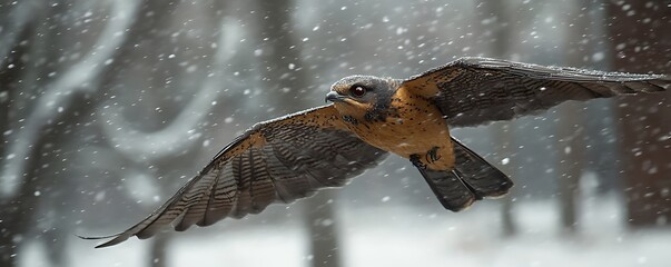 Fototapeta premium Raptor in Flight Through Snowfall
