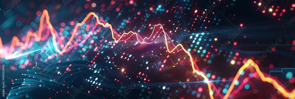 Poster abstract glowing data graph or sound waves in red, orange, and blue with particles. financial analys
