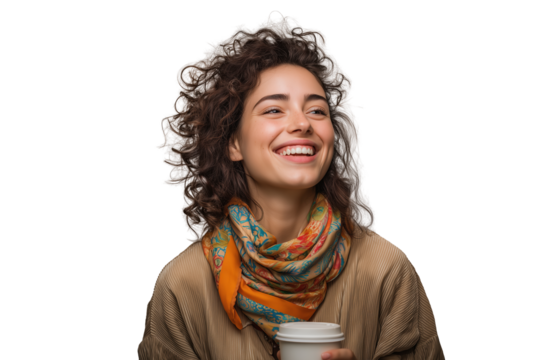 Happy woman with curly hair and colorful scarf holding a cup PNG with a transparent background
- Powered by Adobe
