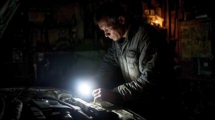 Fototapeta premium Mechanic checking tires air pressure Mechanic working under the hood with a flashlight in dim lighting.