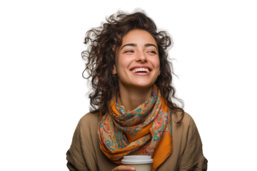 Happy woman with curly hair and colorful scarf holding a cup PNG with a transparent background