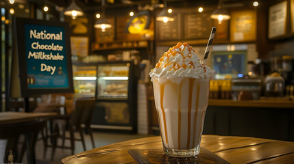 Delicious chocolate milkshake with caramel swirls, celebrating national day in cozy cafe
