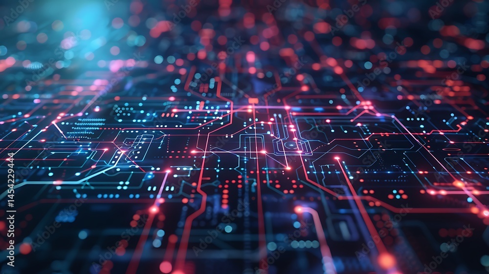 Poster abstract futuristic circuit board with glowing red and blue pathways, nodes, and bokeh lights. techn
