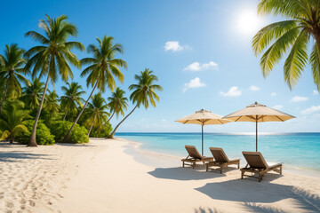 White sandy beach with palm trees and sun loungers under clear blue sky, generative AI