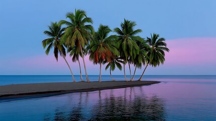 Serene Sunset Palm Grove on Tropical Island Beach.