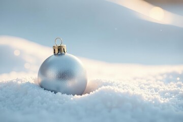 A glistening silver bauble rests gently in a pristine blanket of fresh snow, bathed in the soft glow of winter sunlight.  A tranquil scene of festive winter charm.