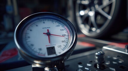 Mechanic checking tires air pressure Pressure gauge with wheels in the background, showcasing automotive tools.