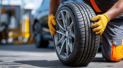 Mechanic checking tires air pressure Tire change in progress with focus on worker's hands and tire.