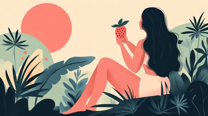 A woman is sitting in a jungle with a strawberry in her hand