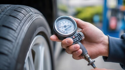 Mechanic checking tires air pressure Tire pressure gauge being used on a vehicle's tire.