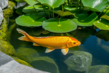 Elegant Golden Koi Fish Swims Peacefully In A Pond With Lily Pads And Natural Sunlight Reflections