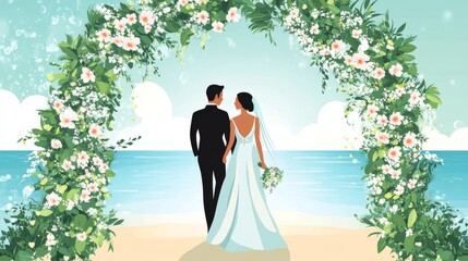 A bride and groom are walking under a large archway on a beach