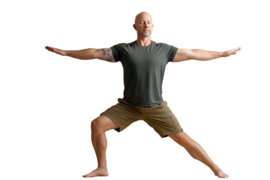 Middle-aged man practicing yoga poses in relaxed clothing PNG with a transparent background

 - Powered by Adobe