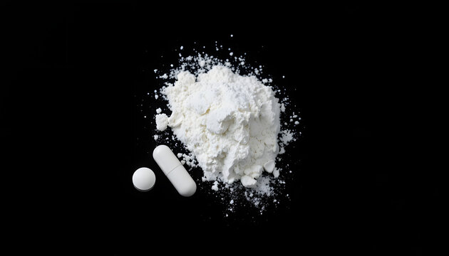 Drugs white pill, white powder cocaine and US dollar currency on dark background. Concept of addiction, abuse and bad habits isolated with white highlights, png. White tone