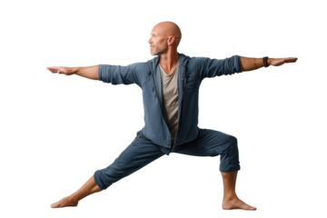 Middle-aged man practicing yoga poses in relaxed clothing PNG with a transparent background