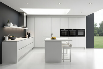 Modern minimalist white kitchen interior design with island counter and built in appliances