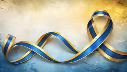  Ribbon Background – Flowing Blue & Gold Ribbons Symbolizing Charity & Unity with Copy Space 