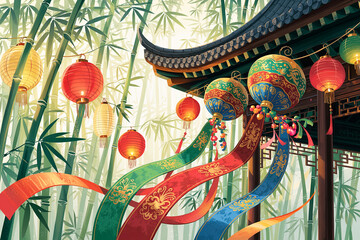 Fototapeta premium Vibrant Lanterns And Colorful Ribbons Adorn Traditional Chinese Architecture Amidst Lush Bamboo Forest
