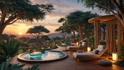 Luxurious tropical spa resort with swimming pools and sunset views for relaxation and tranquility