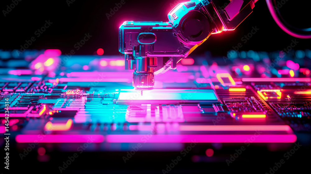 Poster robotic arm precision on a neon circuit board: future automation technology