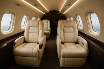 Interior of private jet with leather reclining seats and panoramic windows, generative AI