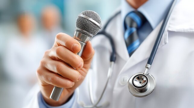 Doctor presentation speech teaching seminar A doctor holding a microphone, suggesting health communication. - Powered by Adobe