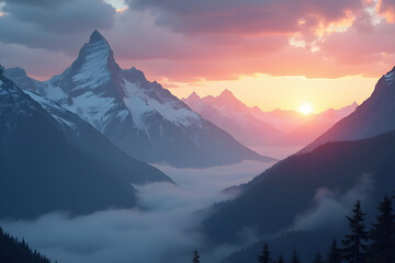 Majestic mountain range landscape with soaring eagle at sunset in a serene environment