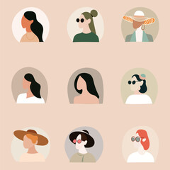 Collection of stylish female portraits in round frames.