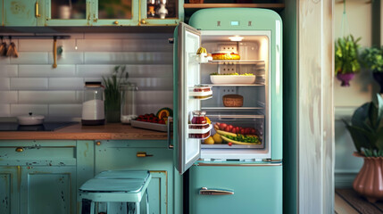 Retro kitchen refrigerator full of fresh food